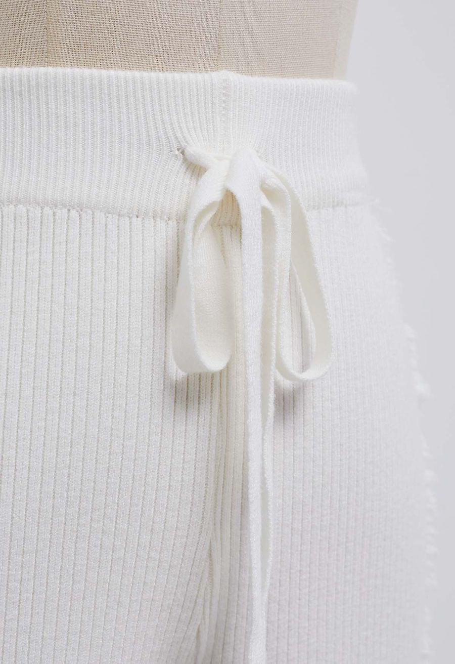 Side Tassel Trim Straight-Leg Knit Pants in White