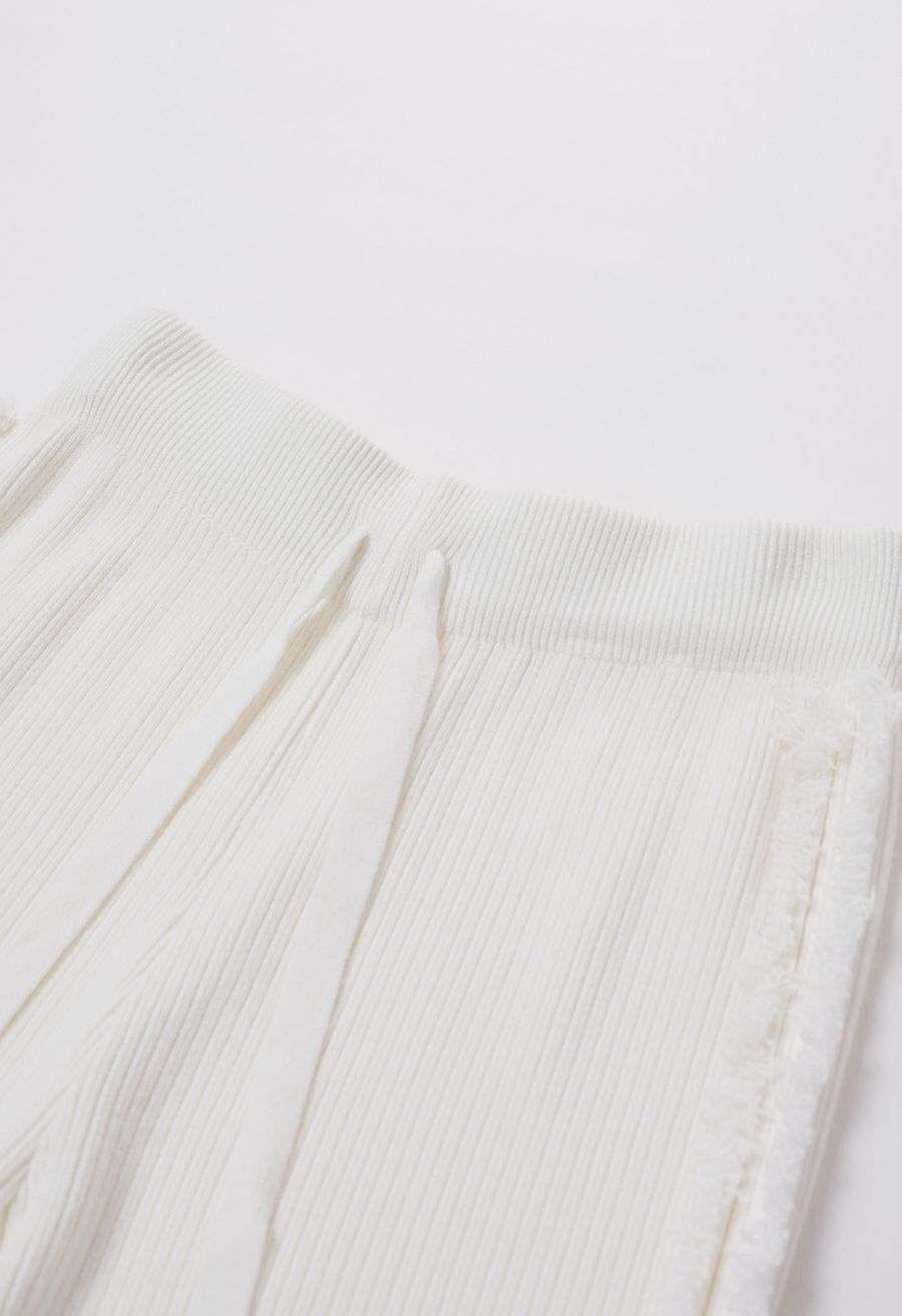 Side Tassel Trim Straight-Leg Knit Pants in White