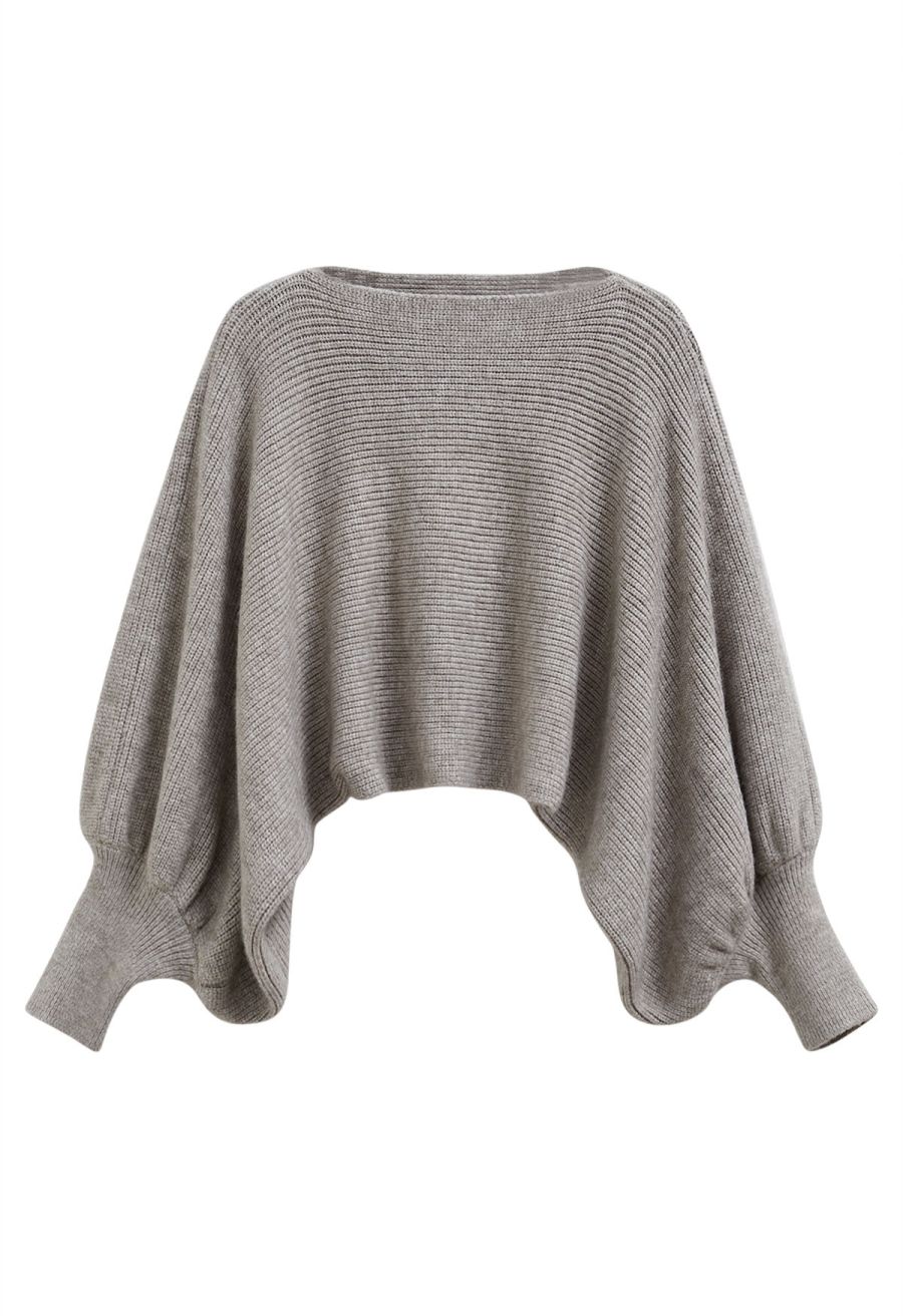 Exaggerated Bubble Sleeve Boat Neck Knit Top in Taupe