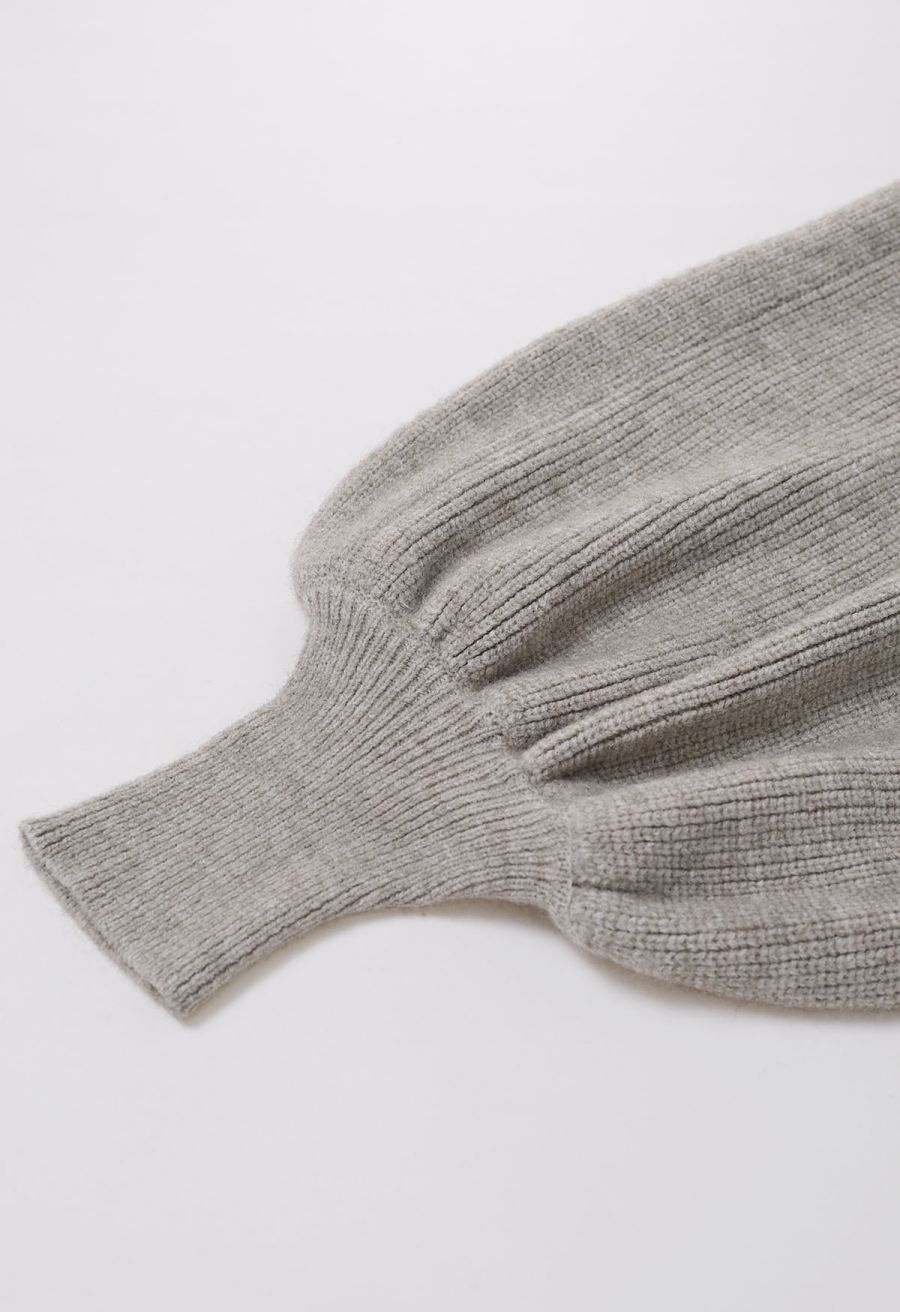 Exaggerated Bubble Sleeve Boat Neck Knit Top in Taupe