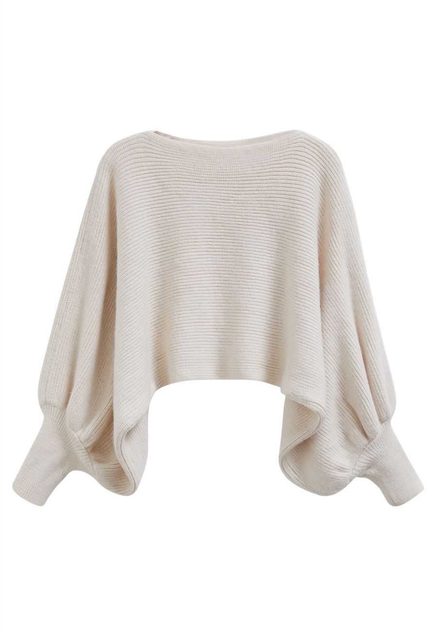 Exaggerated Bubble Sleeve Boat Neck Knit Top in Cream