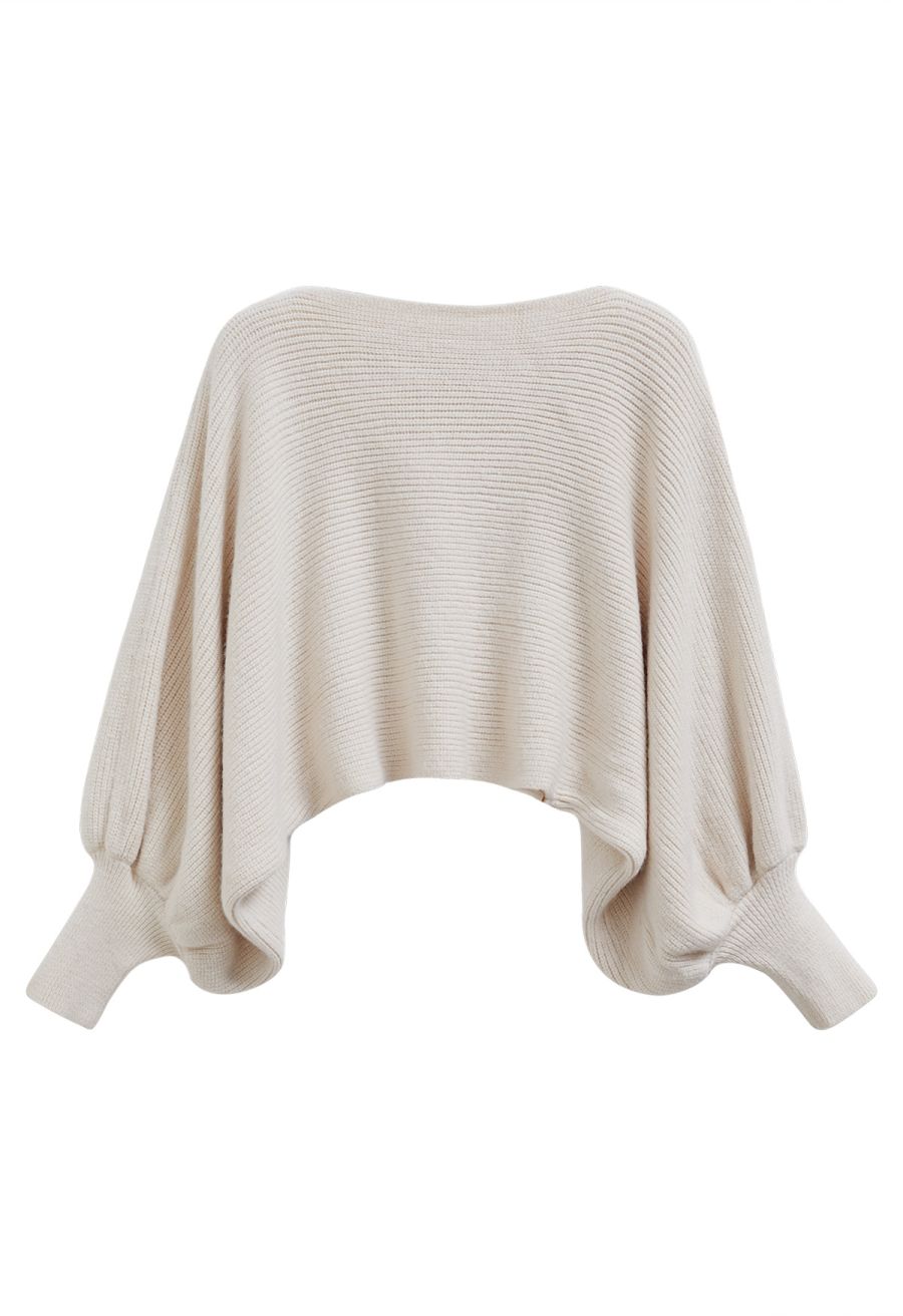 Exaggerated Bubble Sleeve Boat Neck Knit Top in Cream