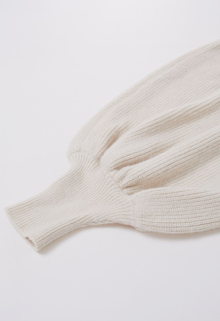 Exaggerated Bubble Sleeve Boat Neck Knit Top in Cream