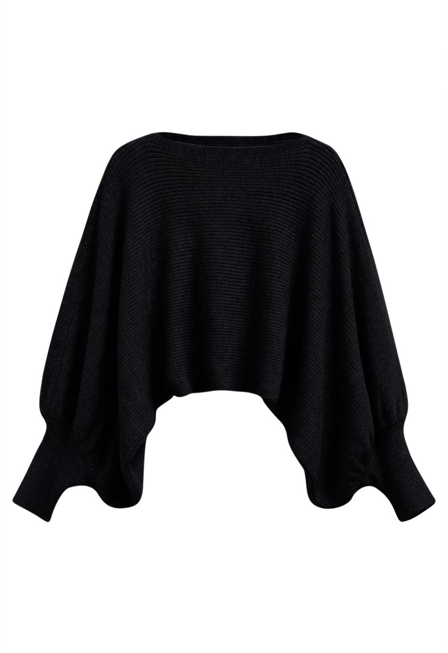 Exaggerated Bubble Sleeve Boat Neck Knit Top in Black