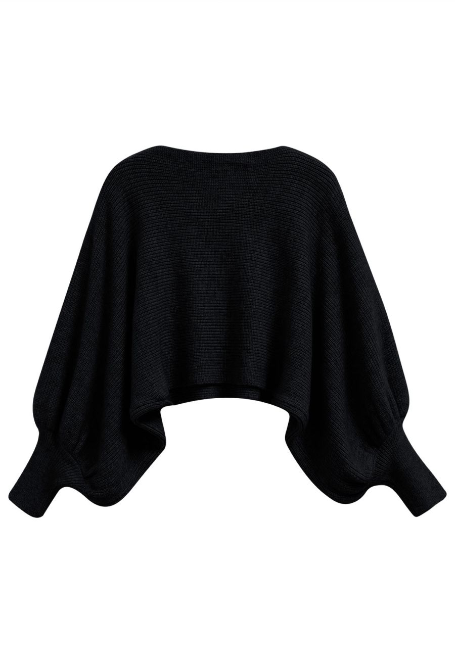 Exaggerated Bubble Sleeve Boat Neck Knit Top in Black