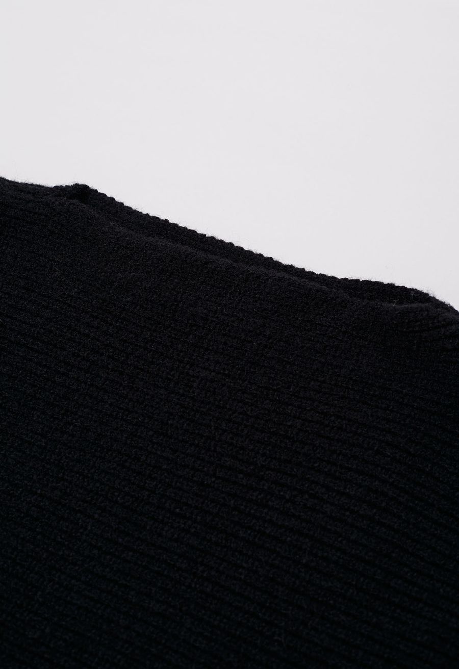 Exaggerated Bubble Sleeve Boat Neck Knit Top in Black
