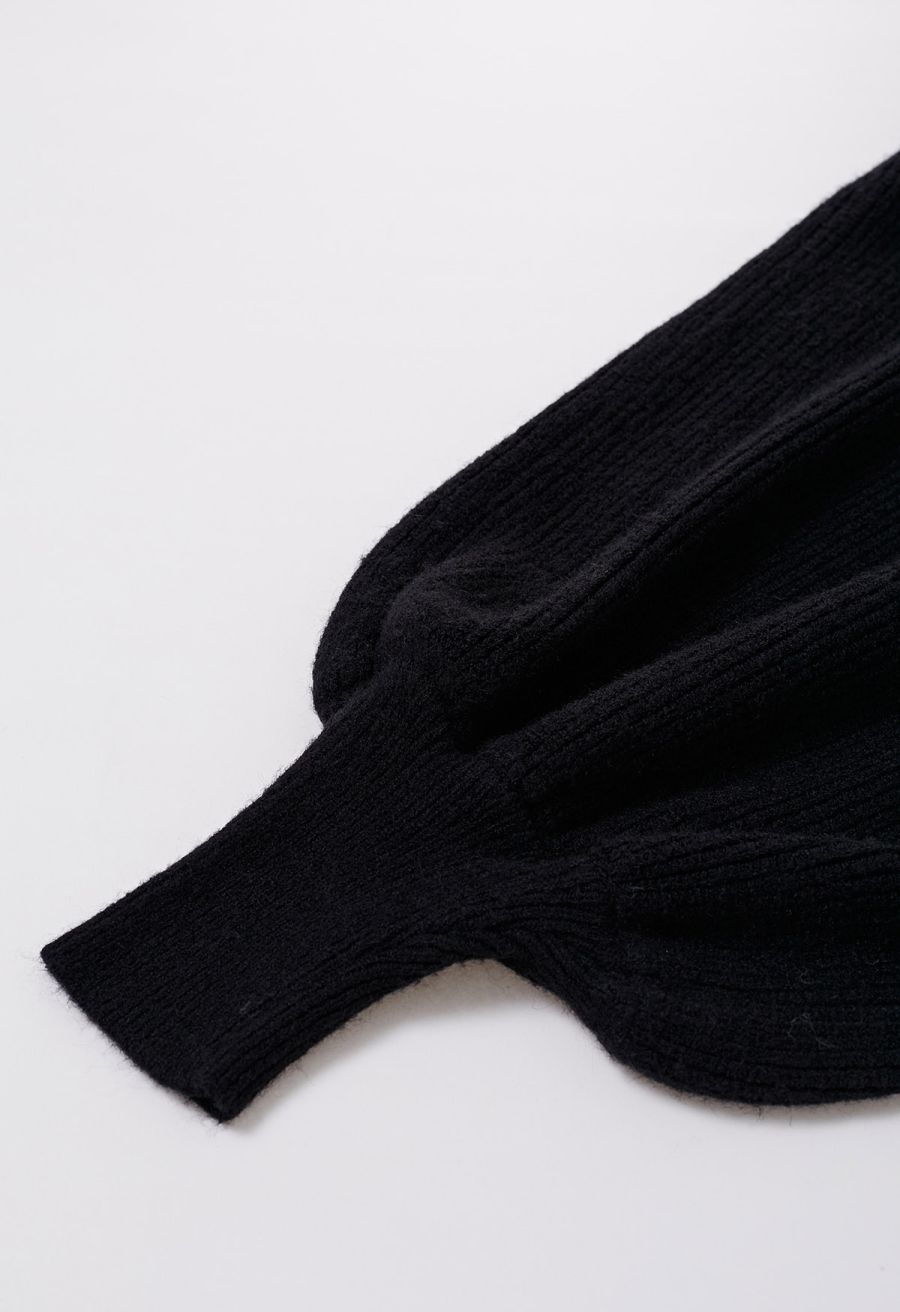 Exaggerated Bubble Sleeve Boat Neck Knit Top in Black