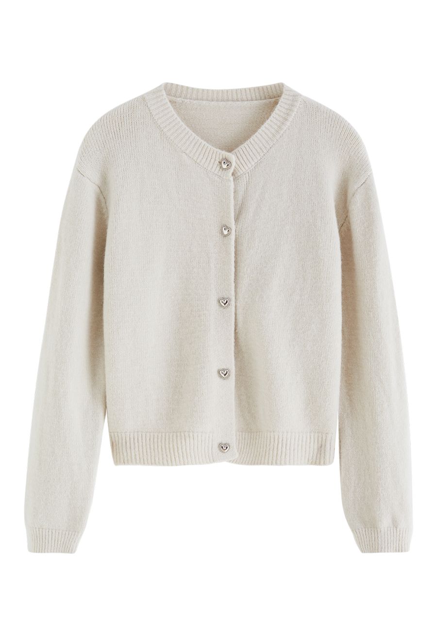 Heart-Shape Button Cropped Knit Cardigan in Ivory