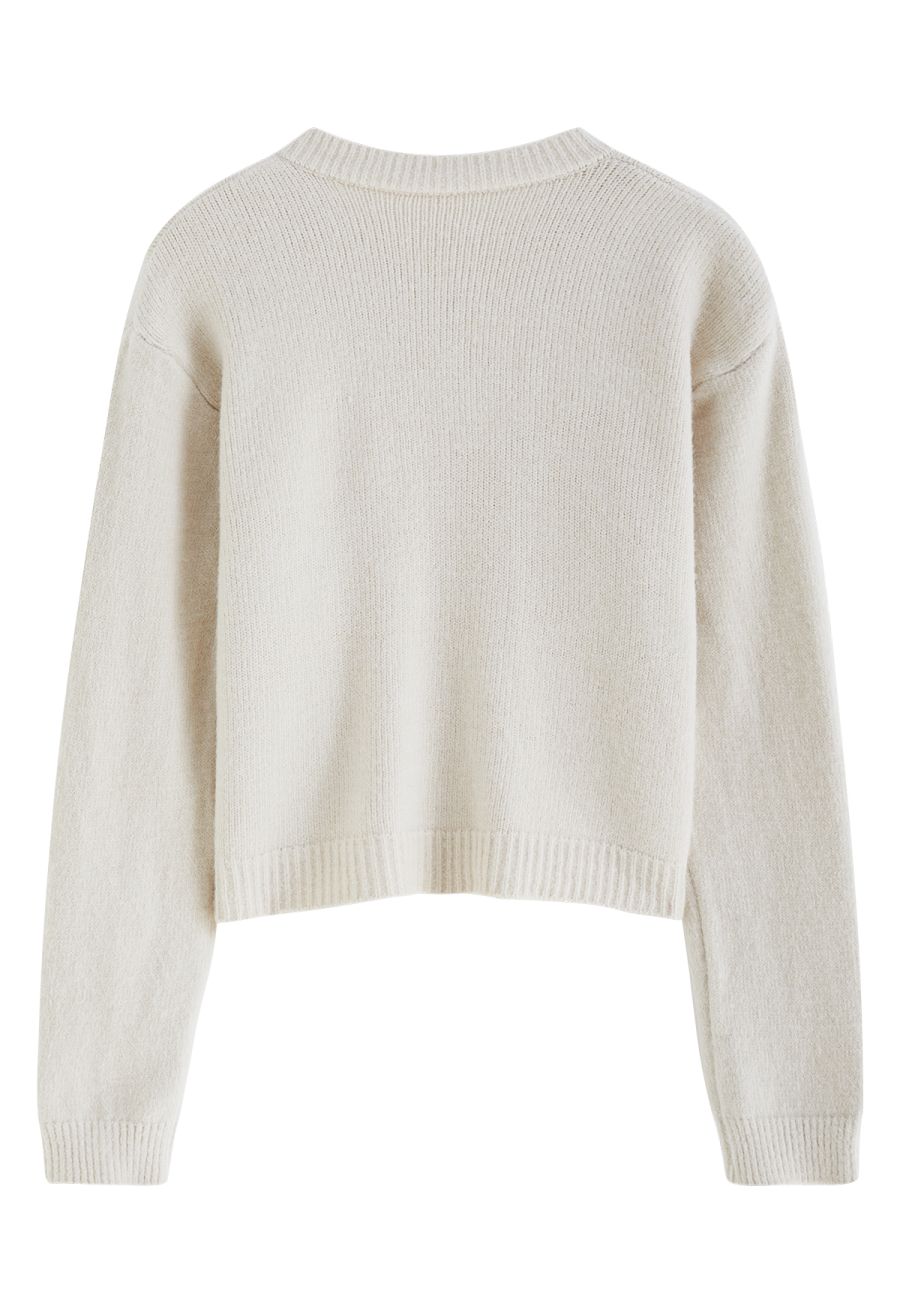 Heart-Shape Button Cropped Knit Cardigan in Ivory