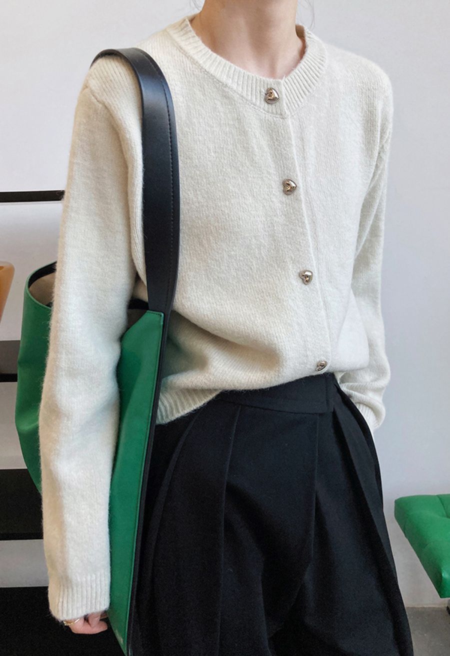 Heart-Shape Button Cropped Knit Cardigan in Ivory
