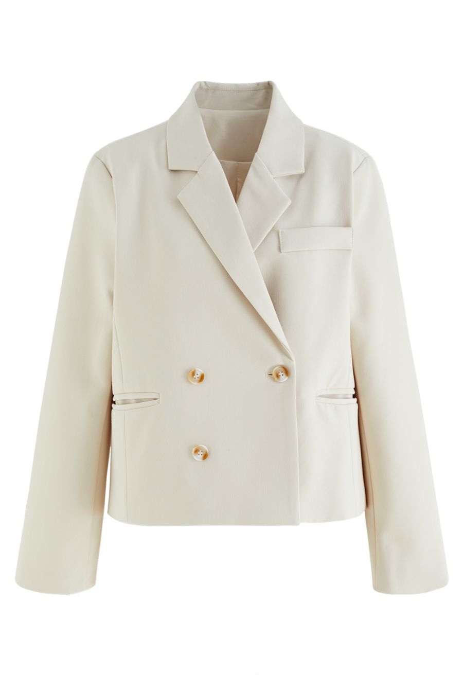 Notched Lapel Welt Pocket Blazer in Cream