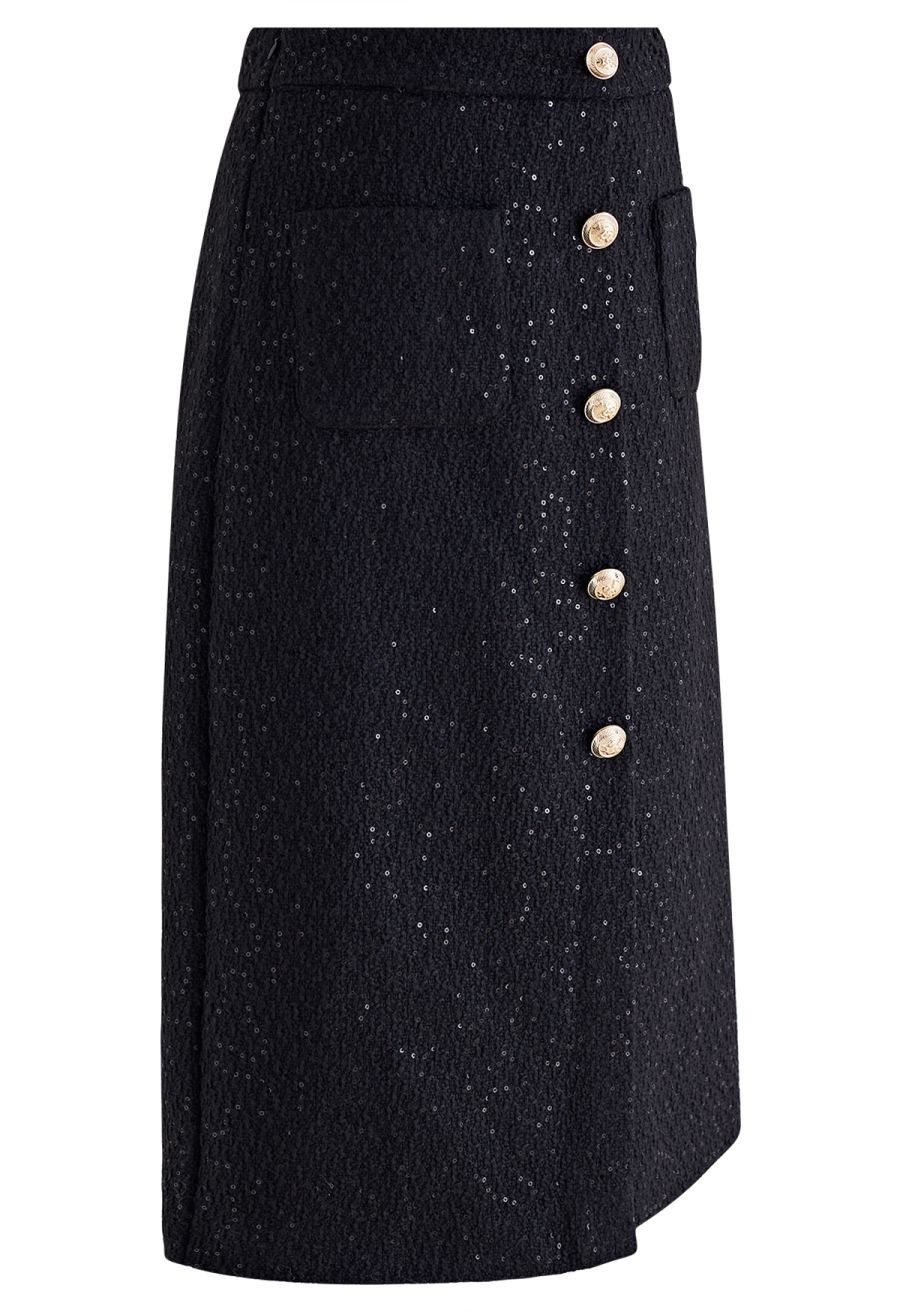 Golden Button Sequined Tweed Pencil Skirt