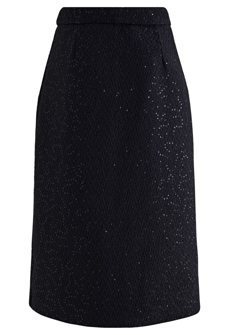 Golden Button Sequined Tweed Pencil Skirt
