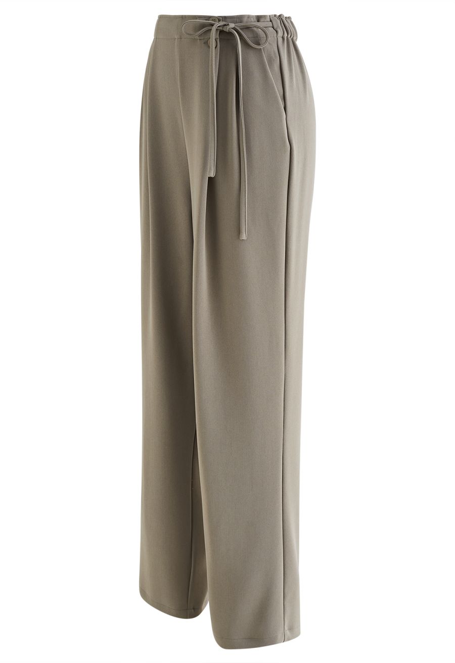 Side Drawstring Pleated Straight Leg Pants in Taupe