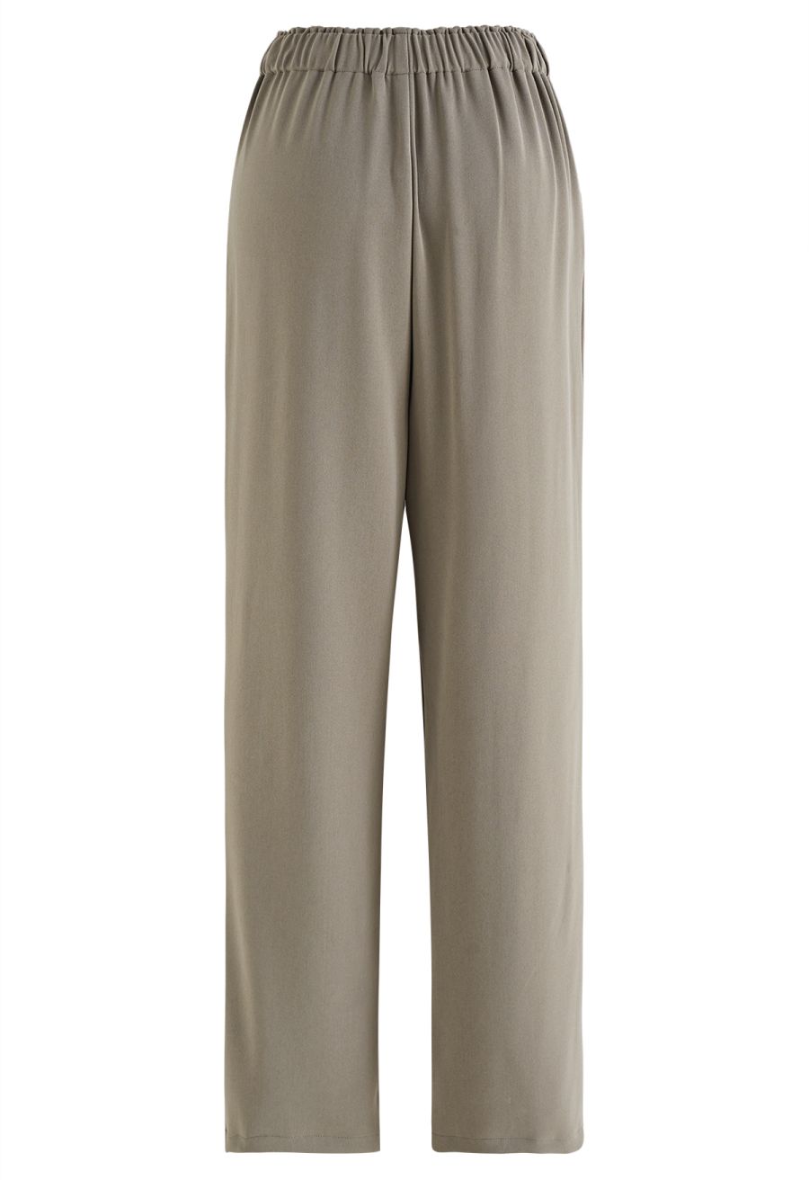 Side Drawstring Pleated Straight Leg Pants in Taupe