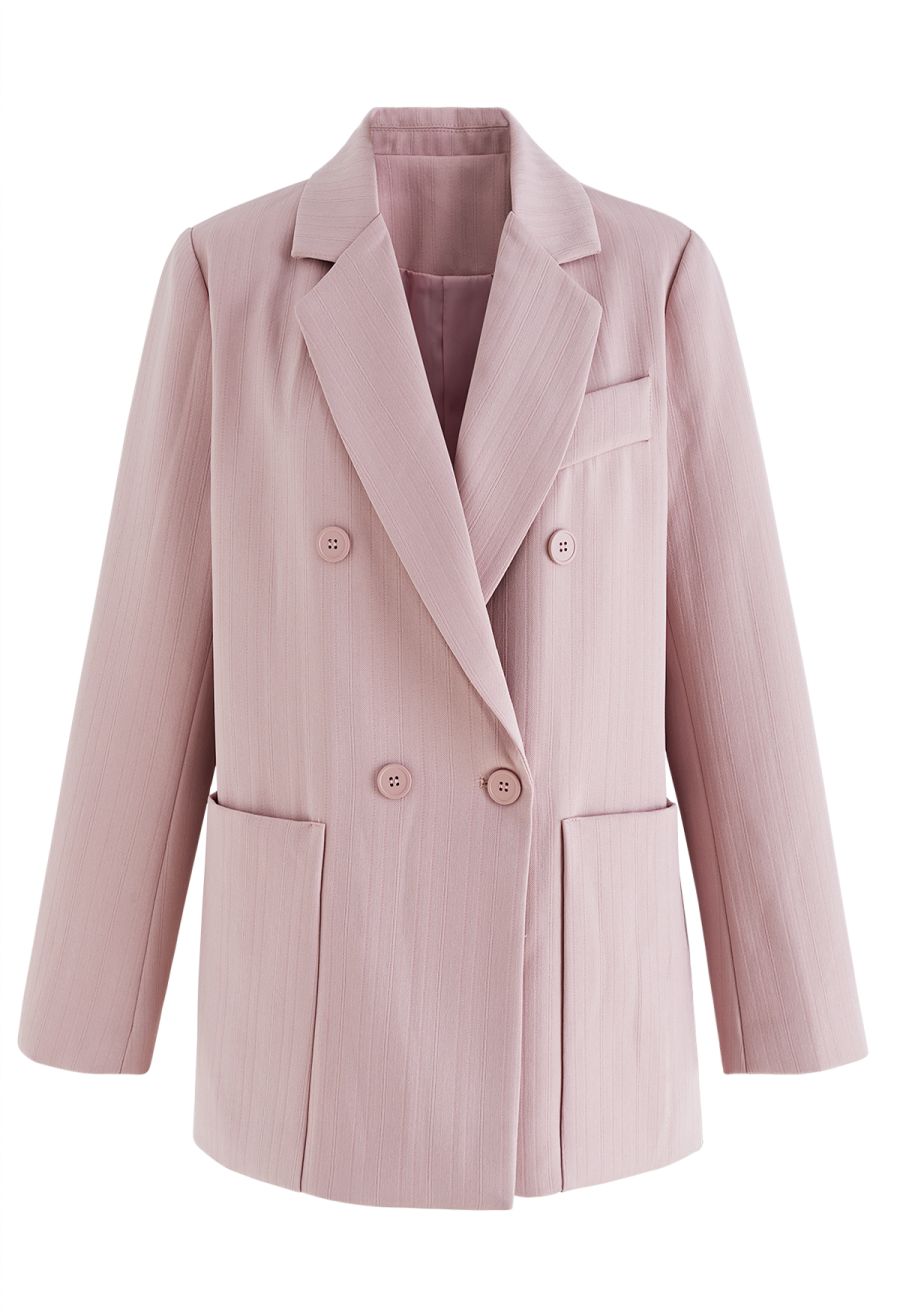 Solid Color Textured Double-Breasted Blazer in Pink