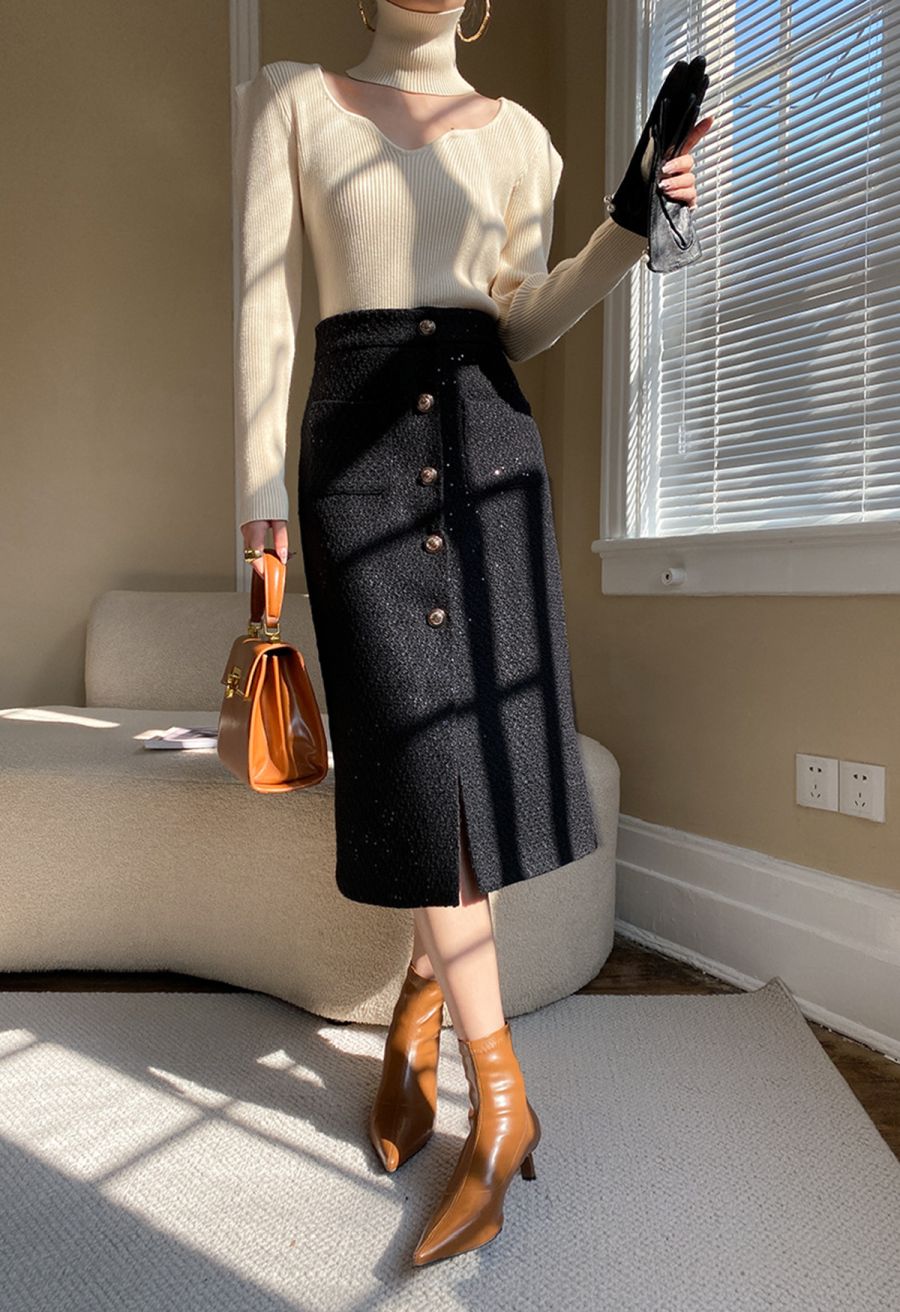 Golden Button Sequined Tweed Pencil Skirt