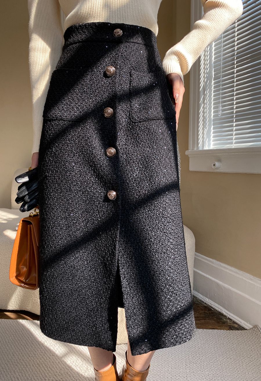 Golden Button Sequined Tweed Pencil Skirt