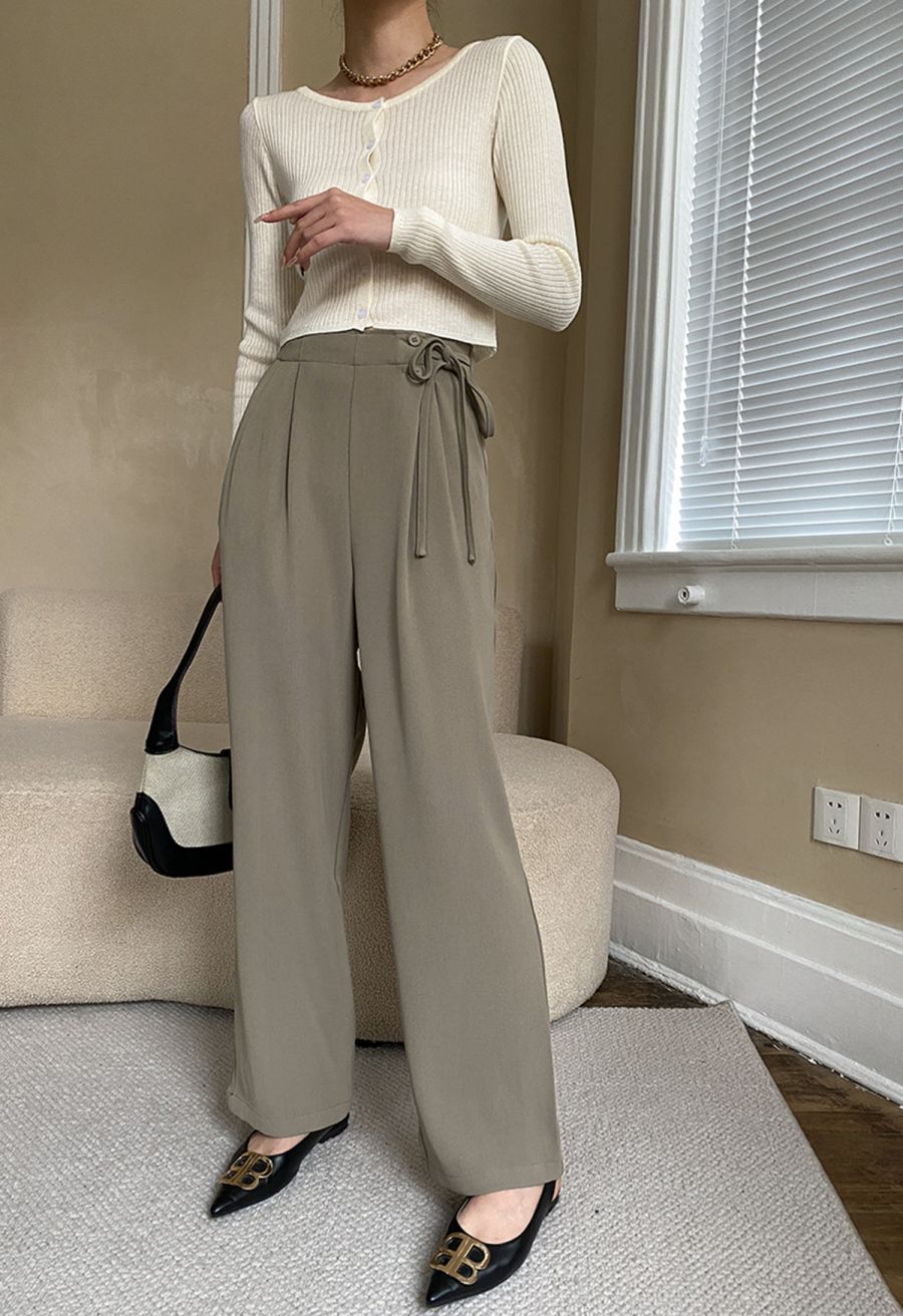 Side Drawstring Pleated Straight Leg Pants in Taupe