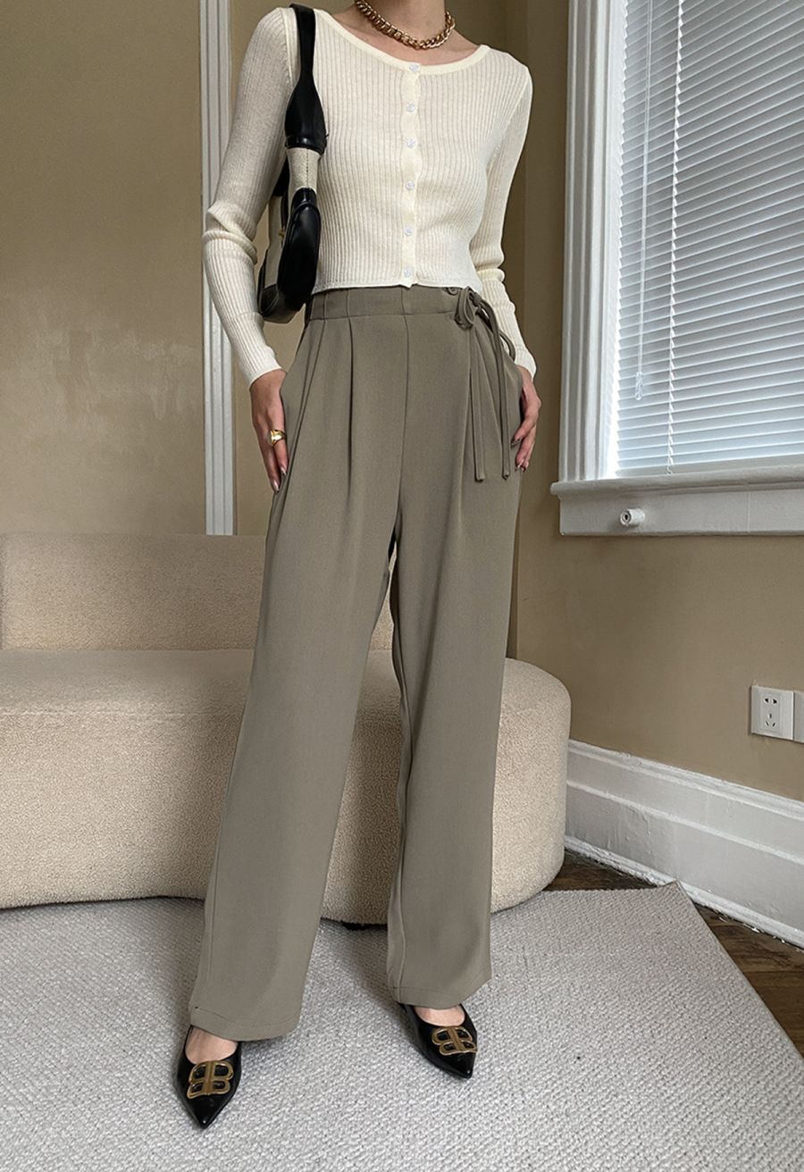 Side Drawstring Pleated Straight Leg Pants in Taupe