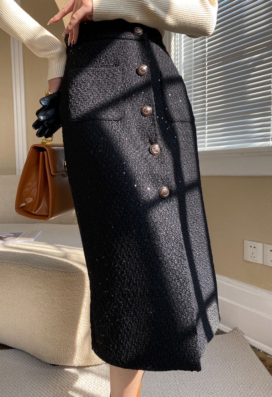 Golden Button Sequined Tweed Pencil Skirt