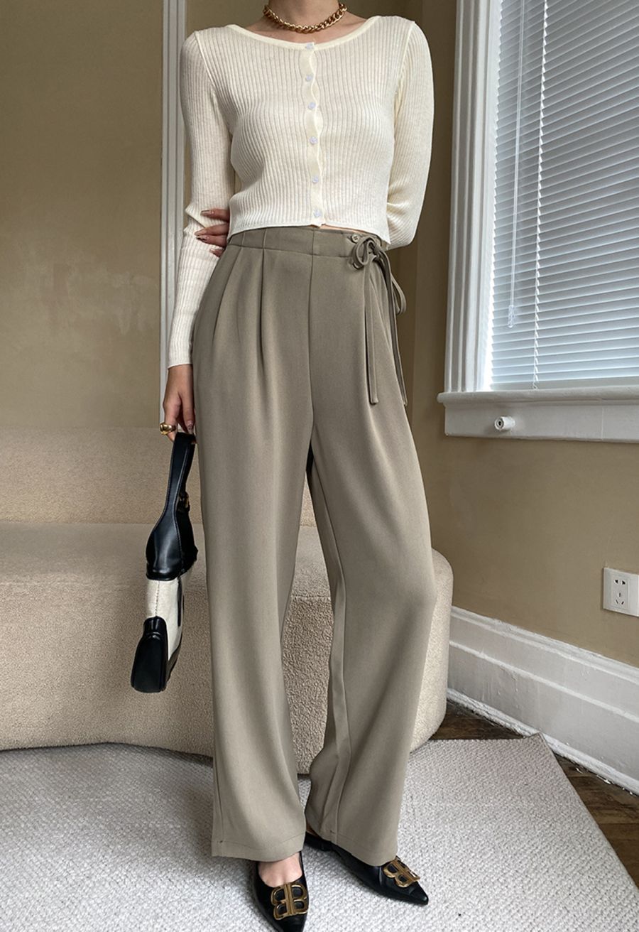 Side Drawstring Pleated Straight Leg Pants in Taupe