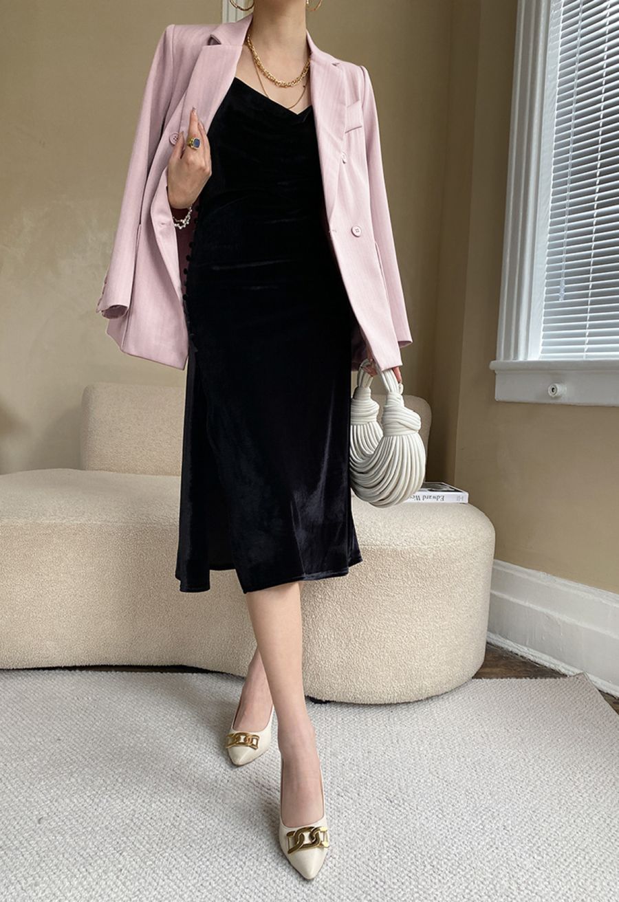 Solid Color Textured Double-Breasted Blazer in Pink