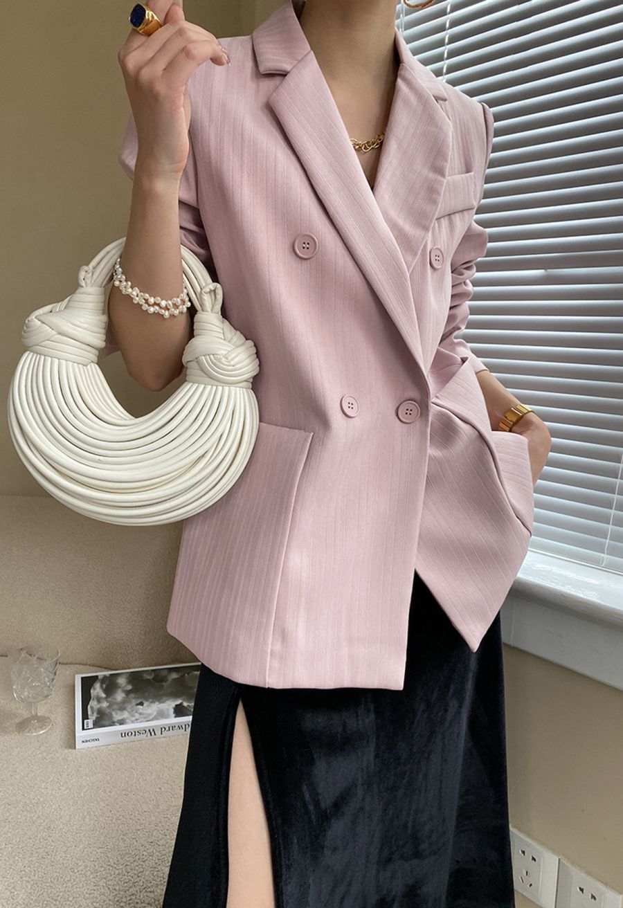 Solid Color Textured Double-Breasted Blazer in Pink