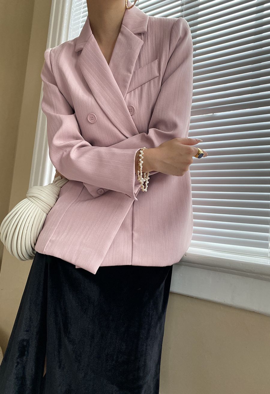 Solid Color Textured Double-Breasted Blazer in Pink