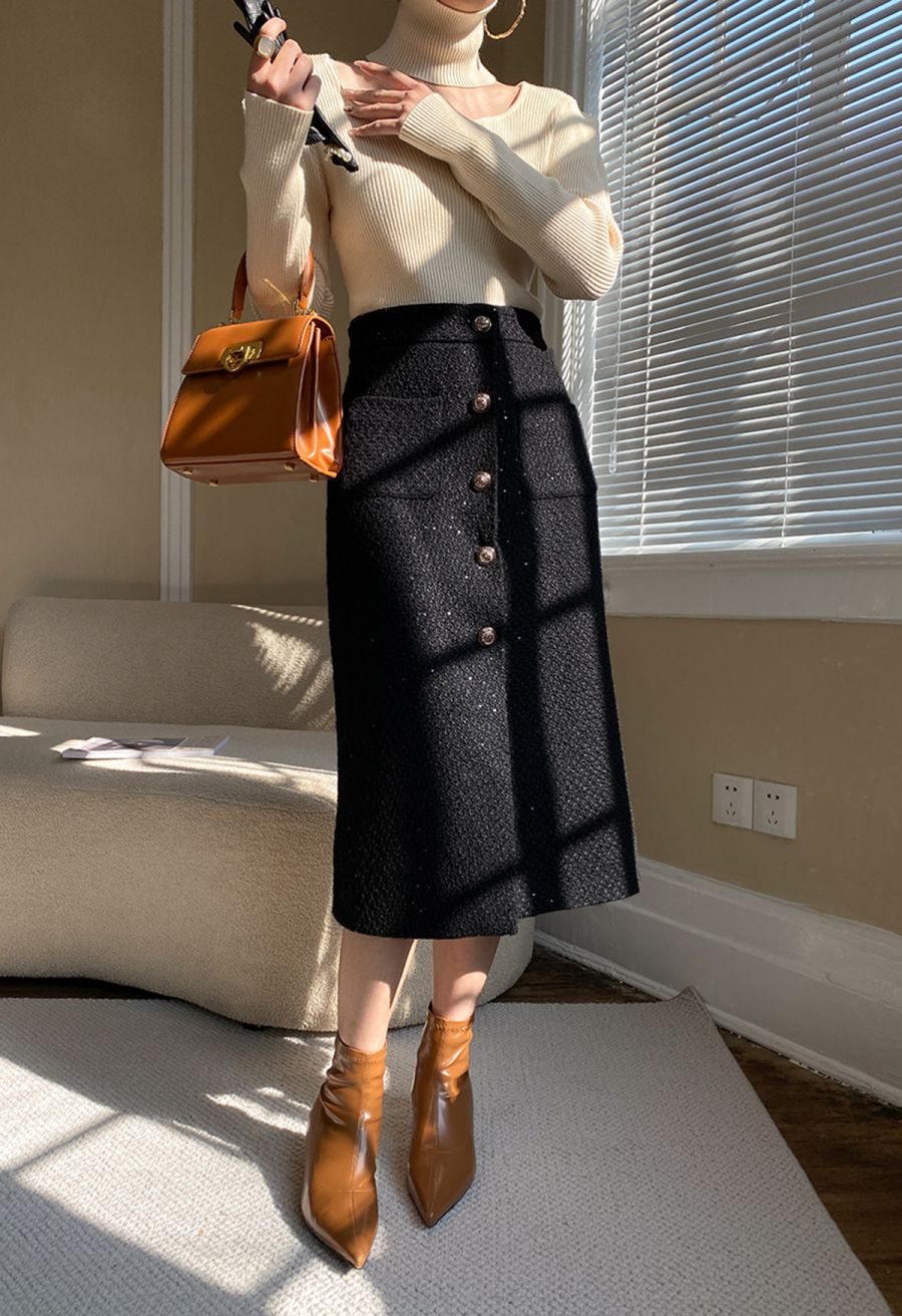 Golden Button Sequined Tweed Pencil Skirt