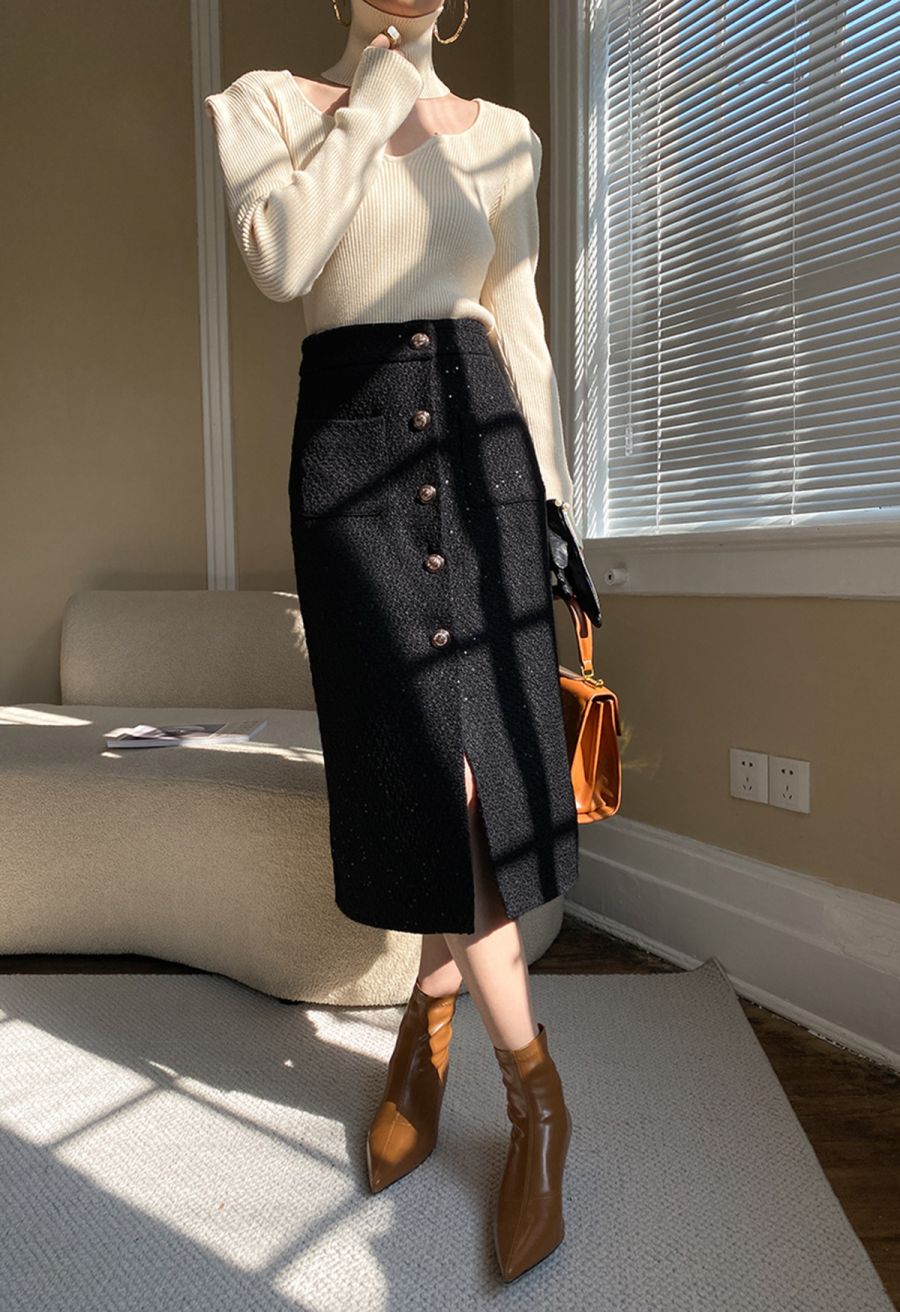 Golden Button Sequined Tweed Pencil Skirt