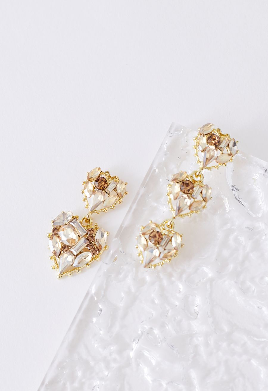 Asymmetric Golden Heart Crystal Earrings