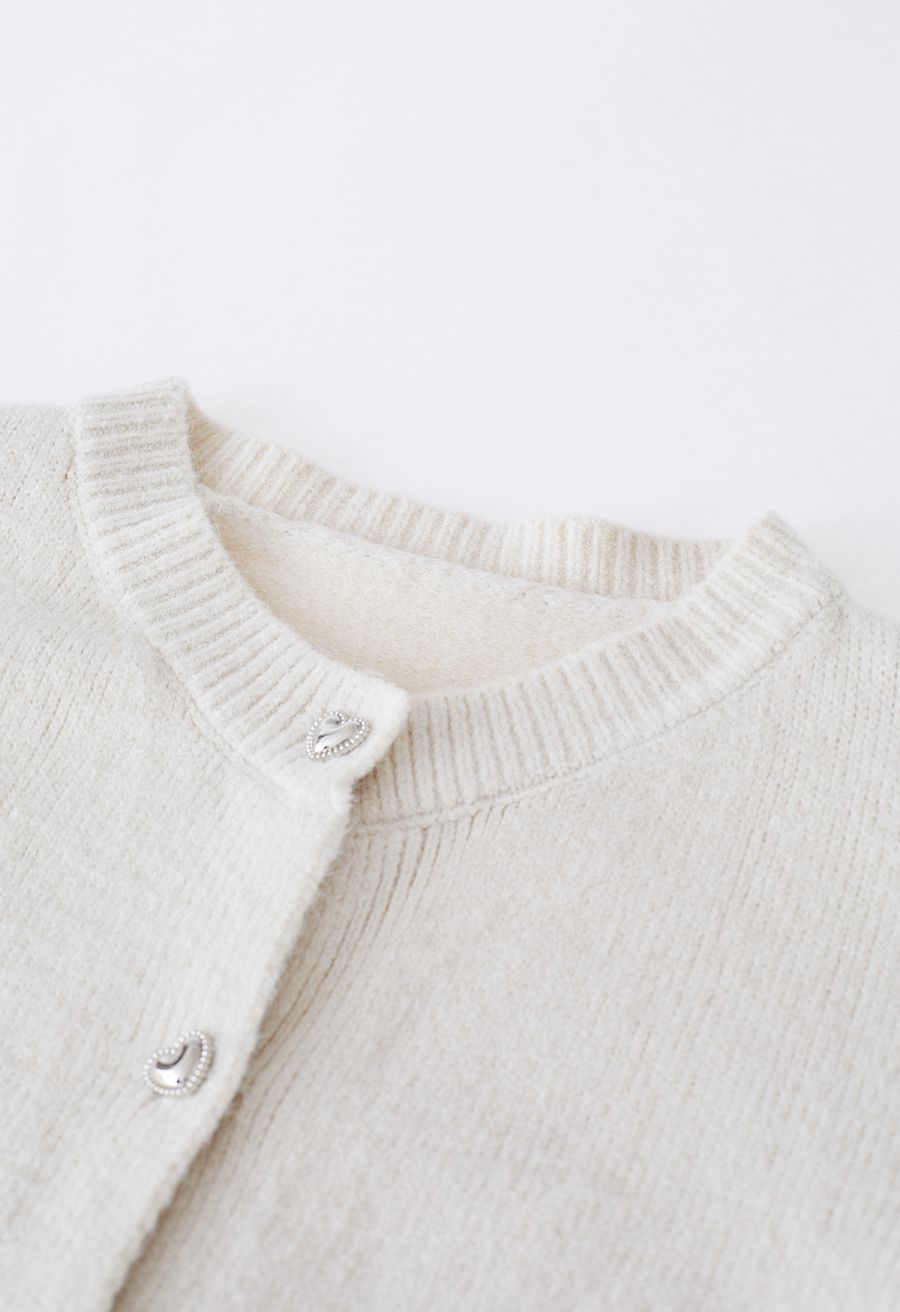 Heart-Shape Button Cropped Knit Cardigan in Ivory