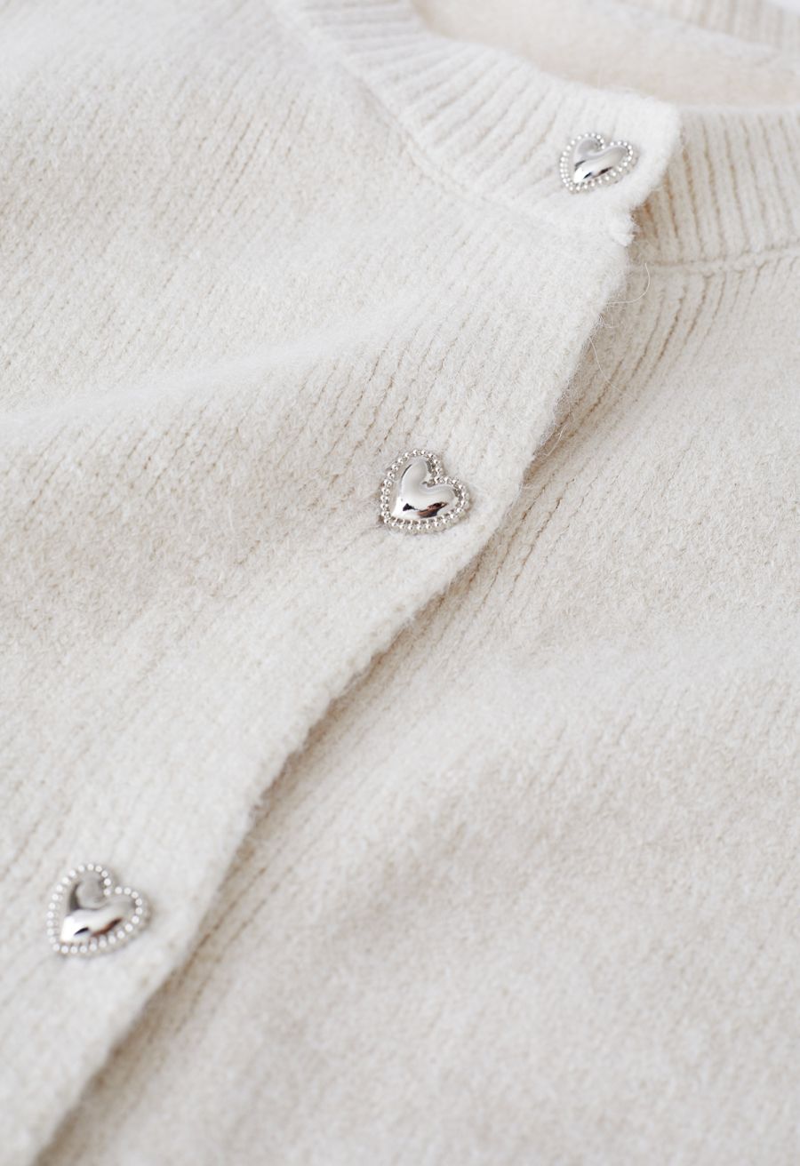 Heart-Shape Button Cropped Knit Cardigan in Ivory