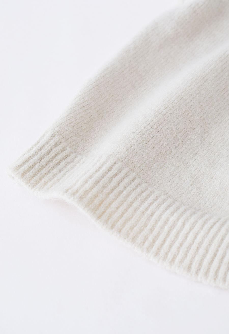 Heart-Shape Button Cropped Knit Cardigan in Ivory