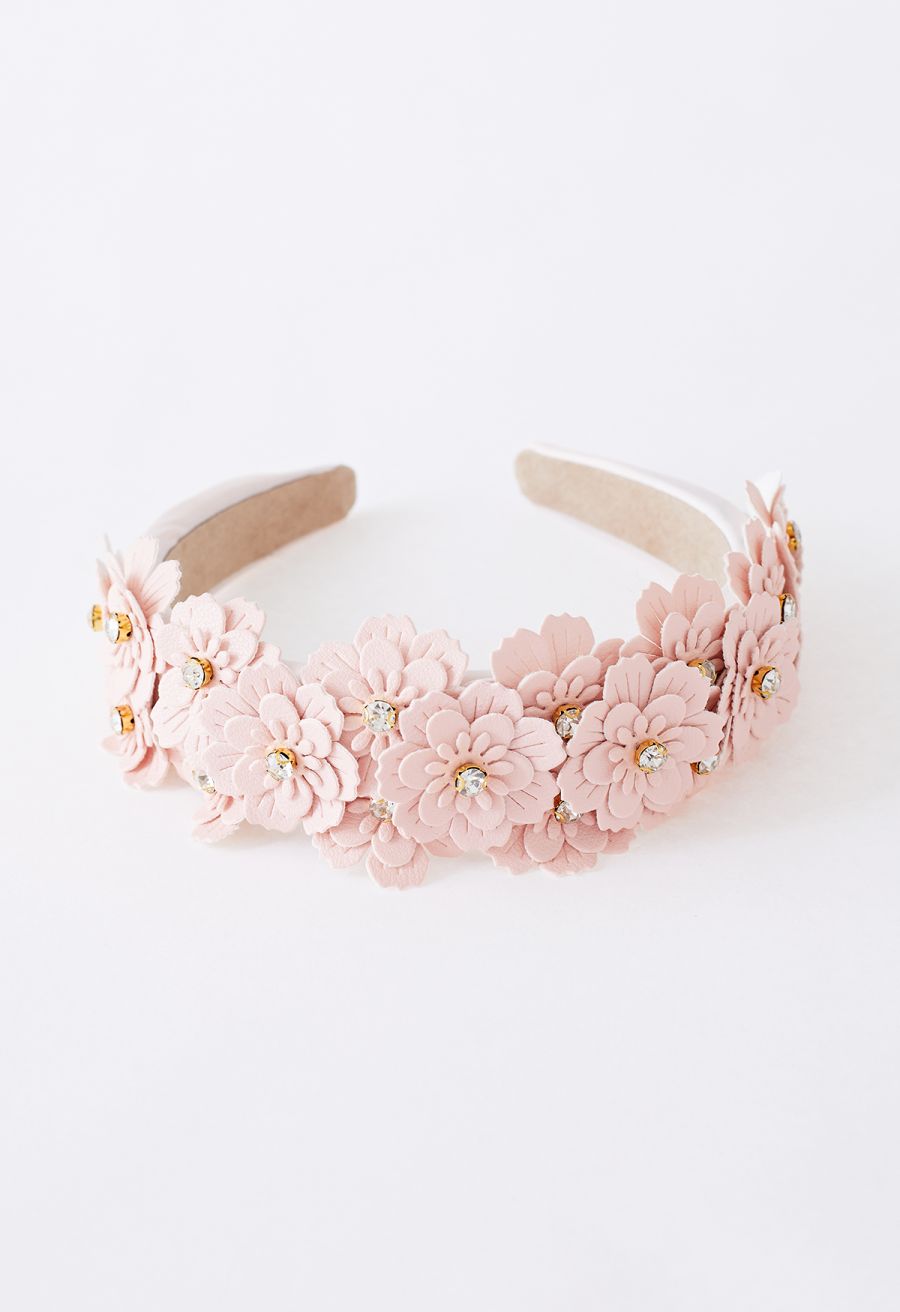 Rhinestone Floral Applique Headband in Pink
