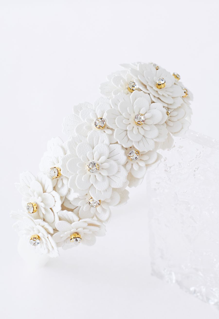 Rhinestone Floral Applique Headband in Ivory