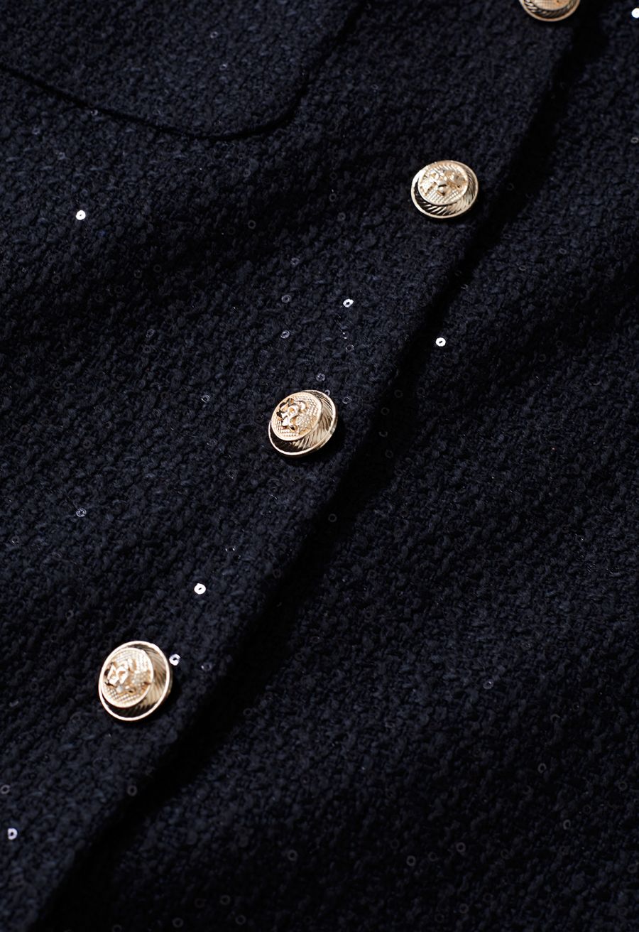 Golden Button Sequined Tweed Pencil Skirt