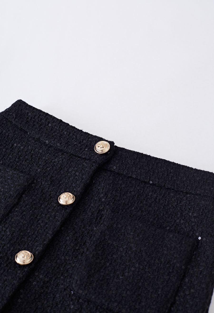 Golden Button Sequined Tweed Pencil Skirt