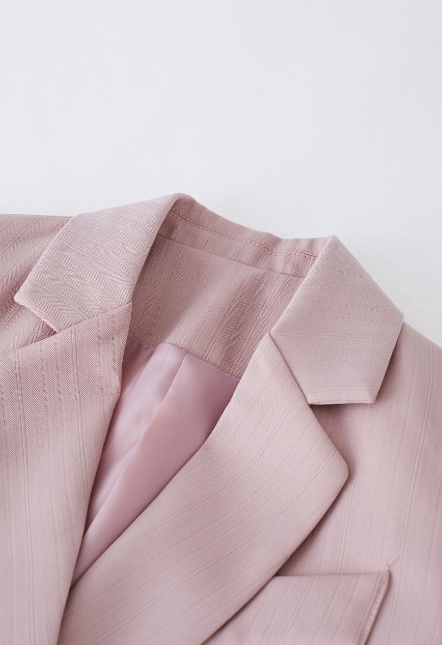 Solid Color Textured Double-Breasted Blazer in Pink