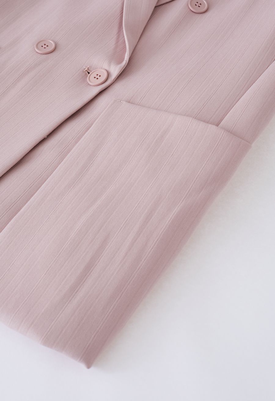 Solid Color Textured Double-Breasted Blazer in Pink