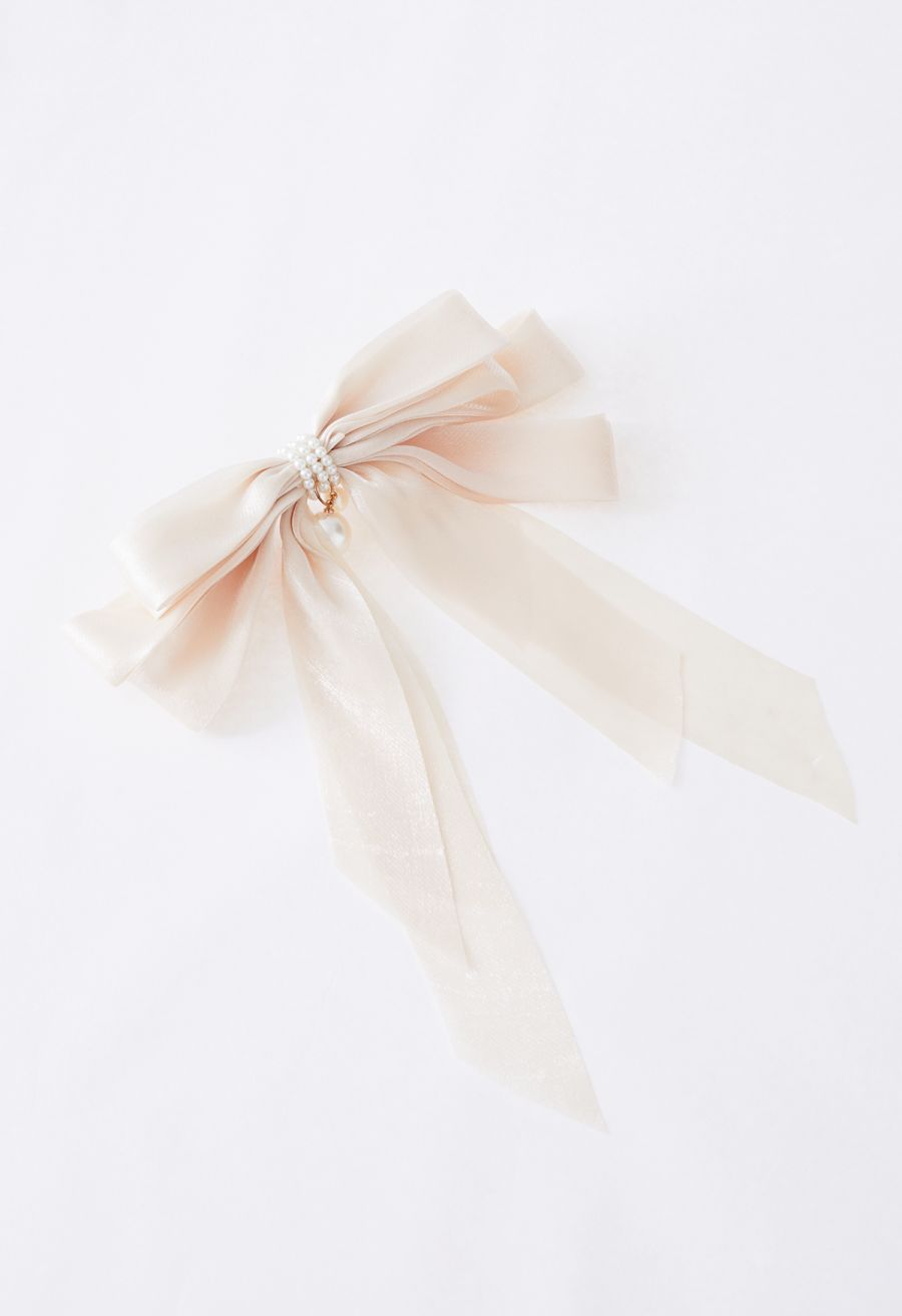 Organza Bowknot Pearl Hair Clip in Cream