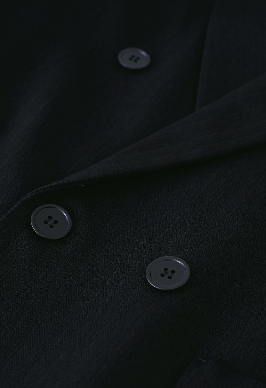 Solid Color Textured Double-Breasted Blazer in Black