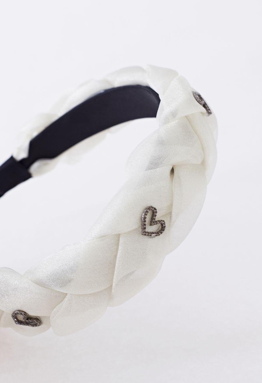 Crystal Heart Braided Organza Headband in Cream