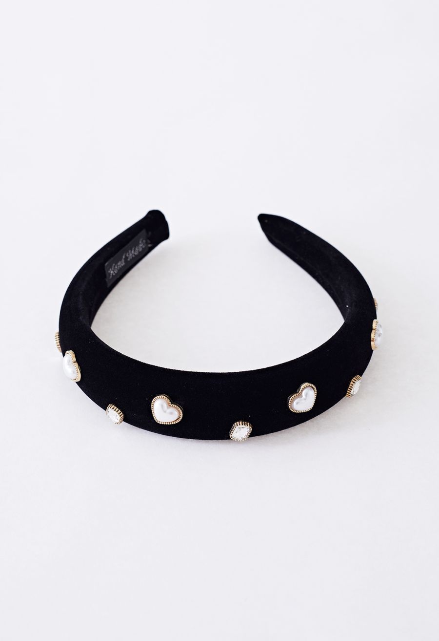 Rhinestone Pearly Velvet Headband in Black