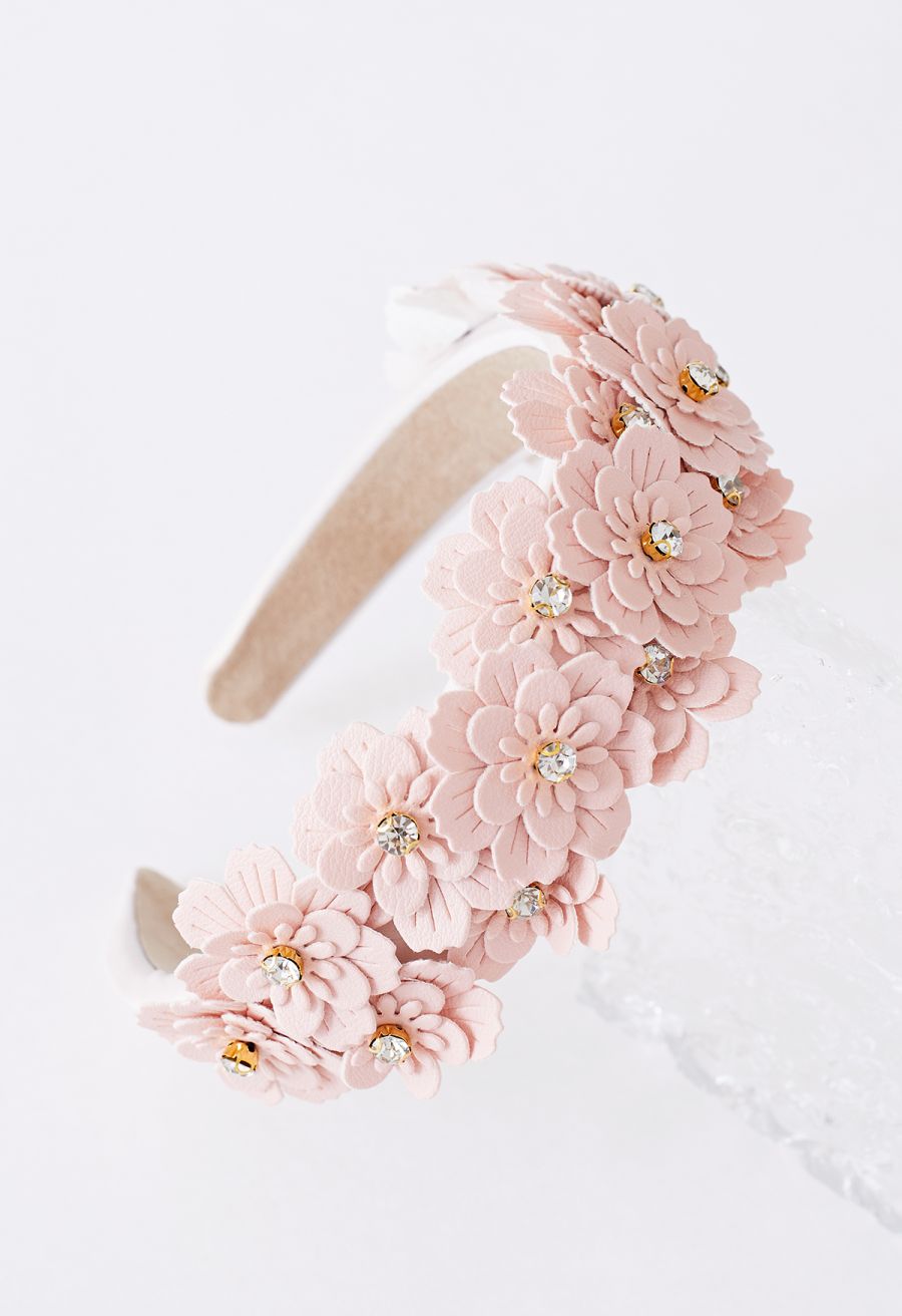 Rhinestone Floral Applique Headband in Pink