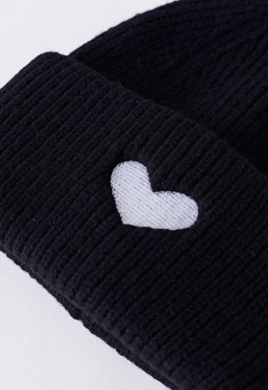Heart Patch Folded Beanie Hat in Black
