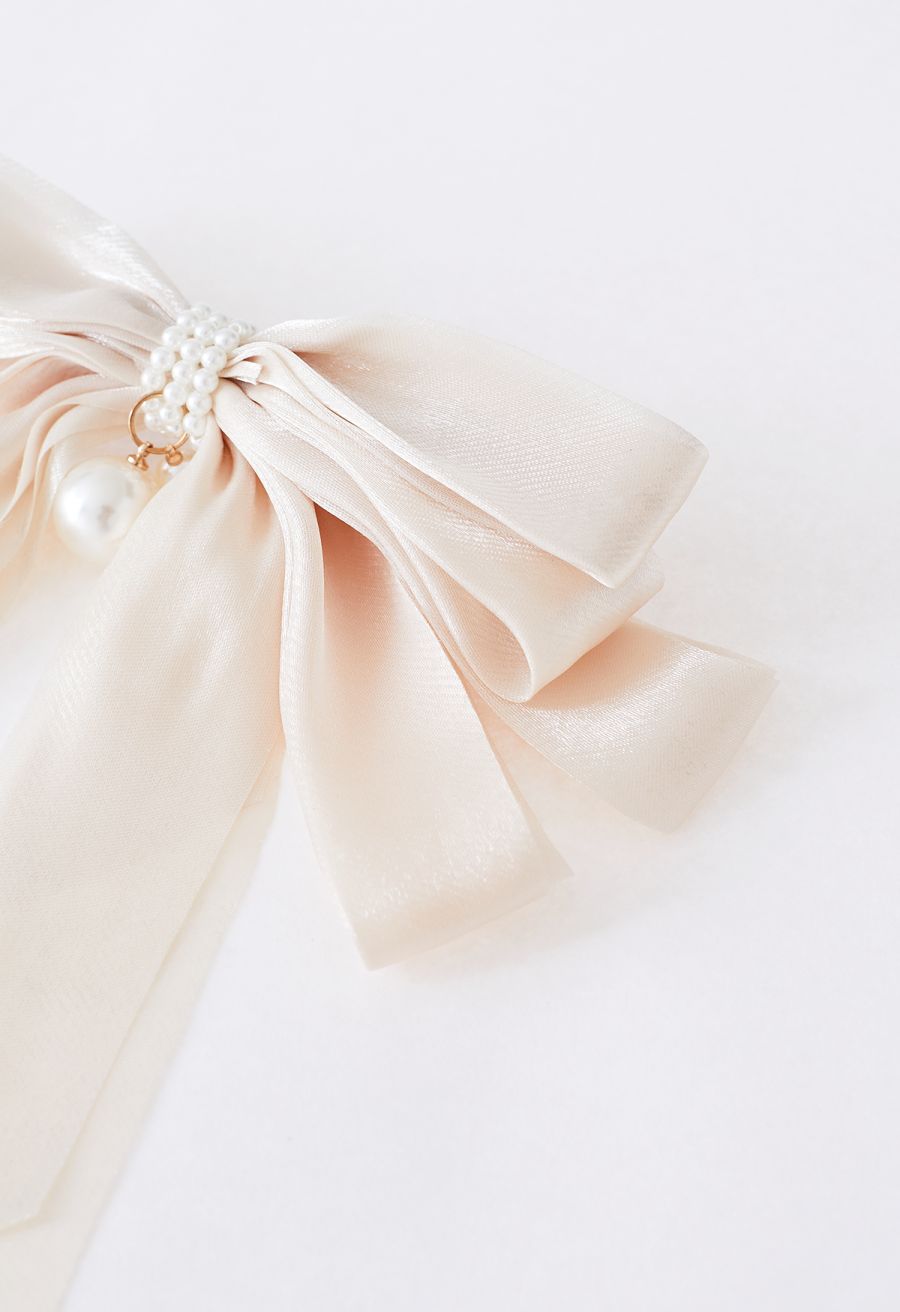 Organza Bowknot Pearl Hair Clip in Cream