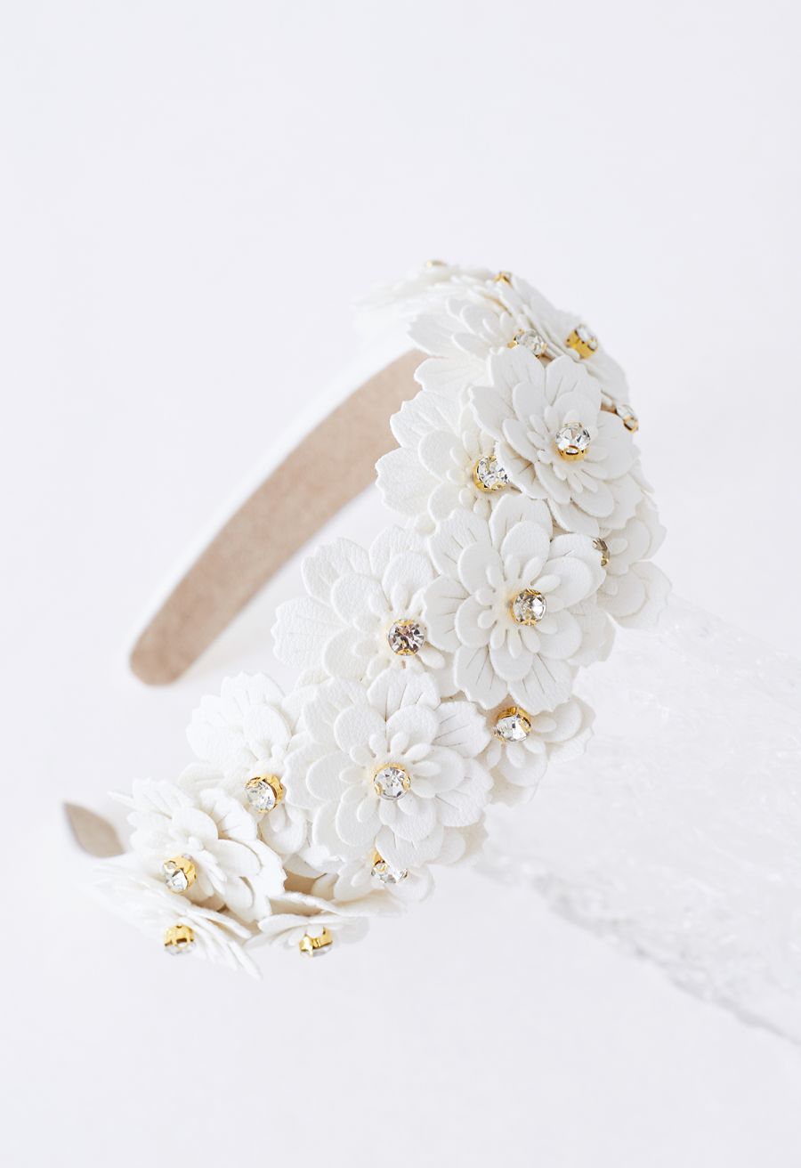 Rhinestone Floral Applique Headband in Ivory