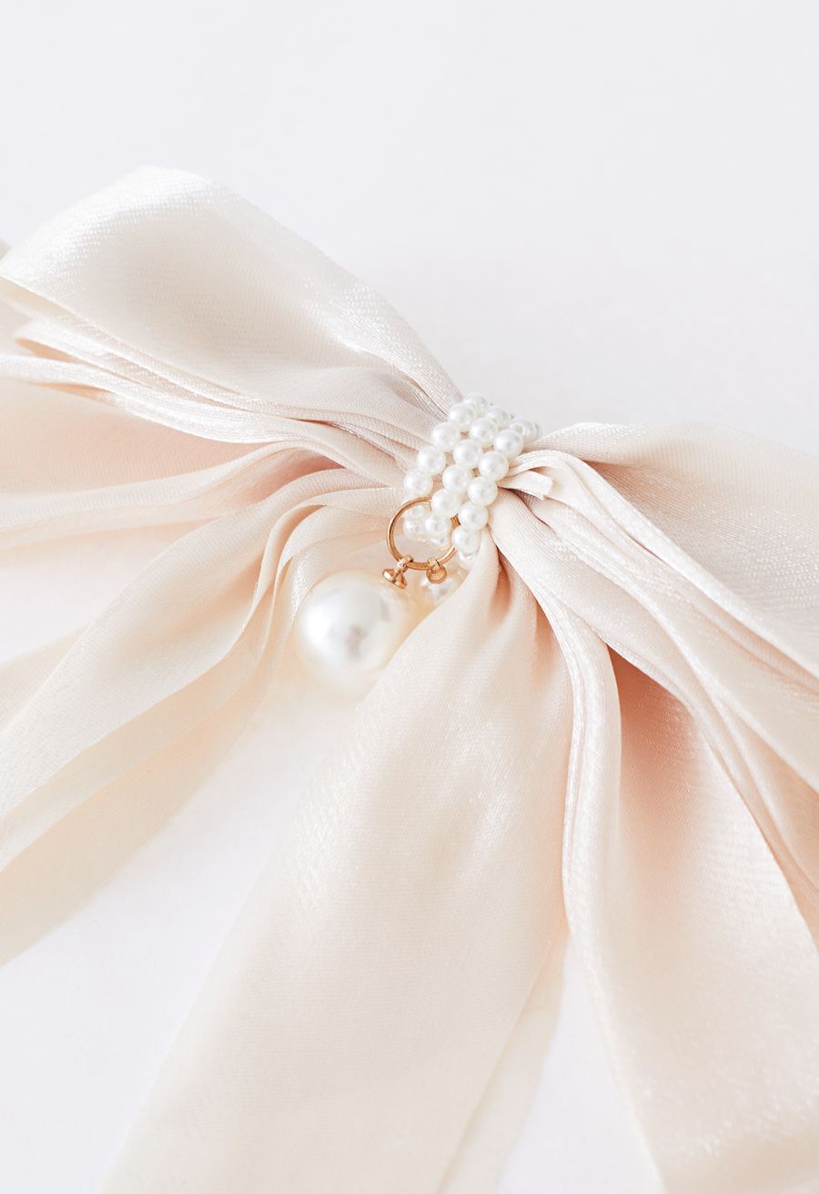 Organza Bowknot Pearl Hair Clip in Cream